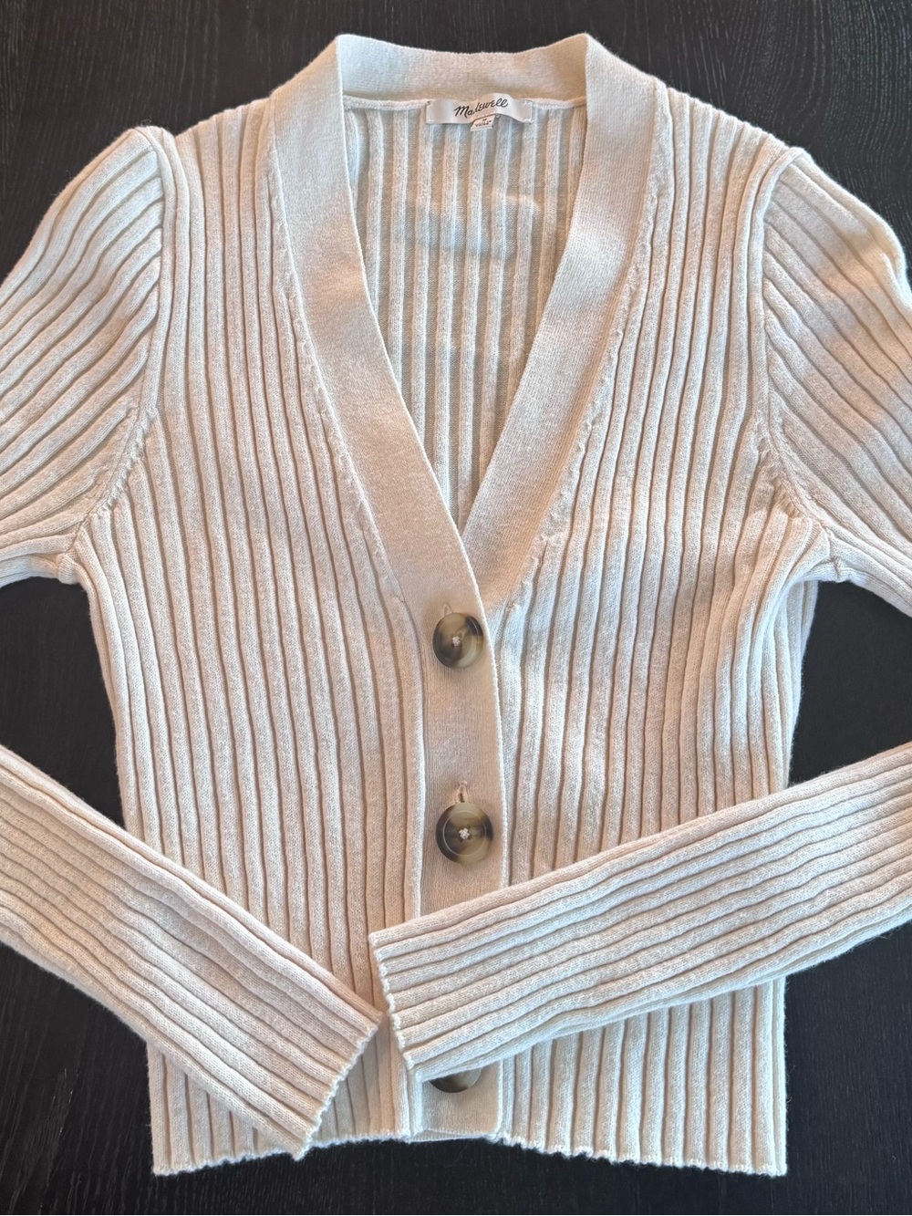 Madewell Cream Ribbed V-Neck Button Cropped Cardigan Sweater